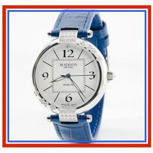 NEW Madison New York Diamond Silver Quarts Watch w Navy Calf Leather
